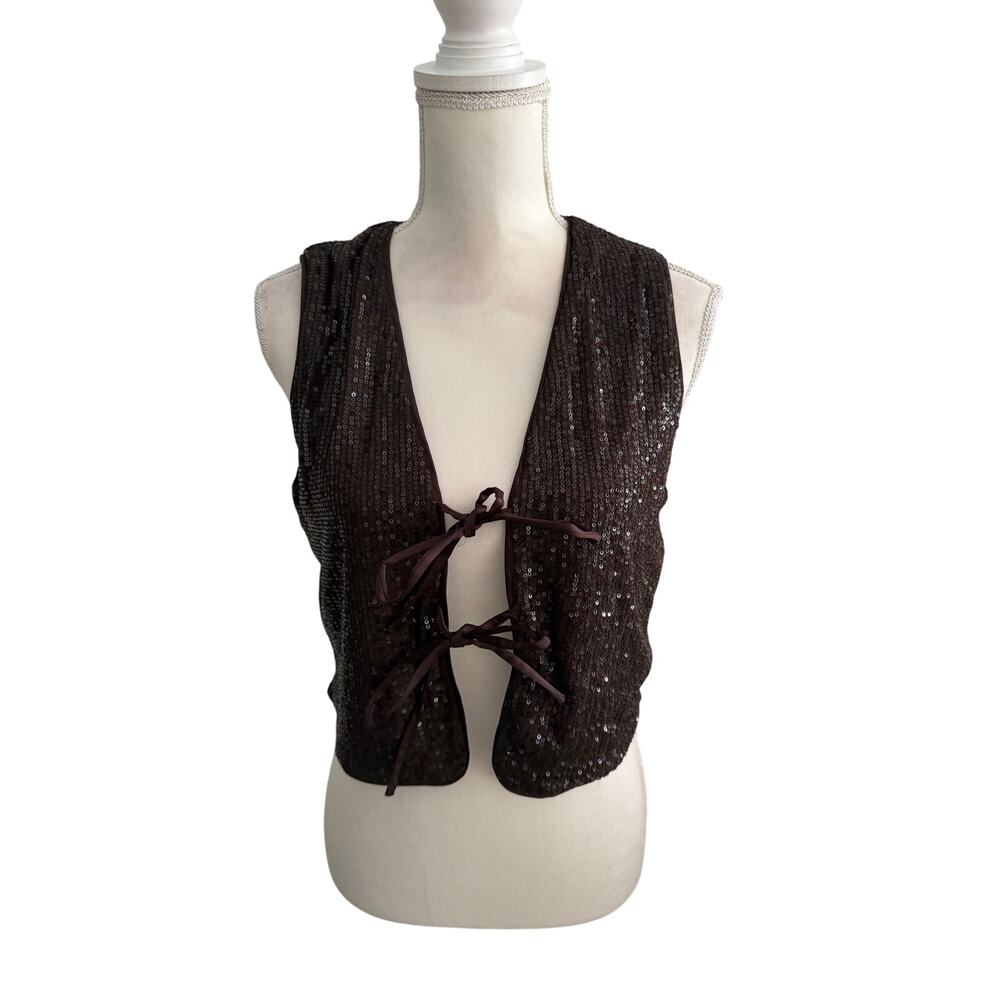 RACHEL ZOE Brown Sequin Tie Front Vest Size Medium NEW NWT - Picture 3 of 5